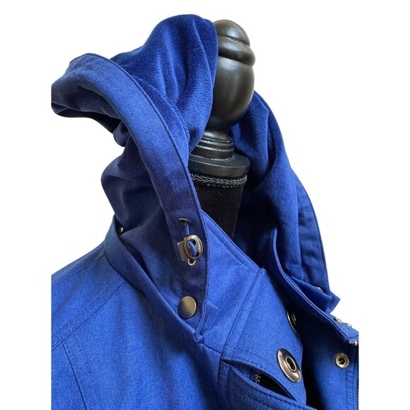 Blue Hooded Button-Up Jacket With Adjustable Waist & Snap Closures - Picture 6 of 9